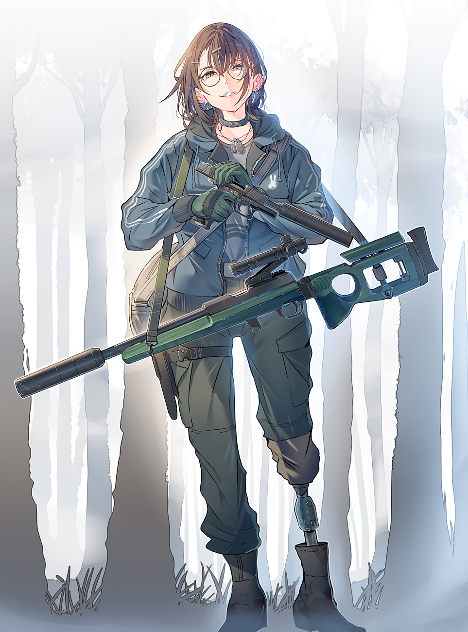 1girl ammunition amputee bolt_action boots brown_hair bullet daito forest glasses gloves gun handgun handgun_cartridge highres holding holding_gun holding_weapon jacket looking_at_viewer mp-443_grach nature original pistol pistol_cartridge pouch prosthesis prosthetic_leg reloading rifle scope sniper_rifle solo strap suppressor sv-98 weapon