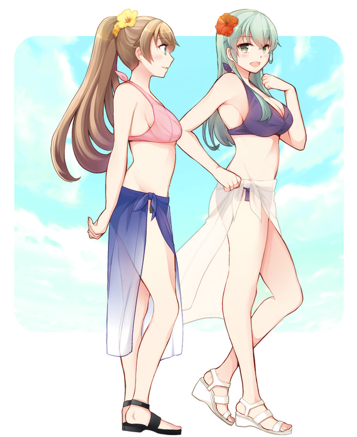2girls aqua_eyes aqua_hair bikini blue_sarong blue_sky blush breasts brown_hair cleavage collarbone flower full_body hair_between_eyes hair_flower hair_ornament kantai_collection kumano_(kancolle) kumano_kai_ni_(kancolle) large_breasts long_hair medium_breasts multiple_girls pink_bikini ponytail purple_bikini sandals sarong sky smile suzuya_(kancolle) suzuya_kai_ni_(kancolle) suzuya_kai_ni_(swimsuit)_(kancolle) swimsuit teramoto_kaoru white_background