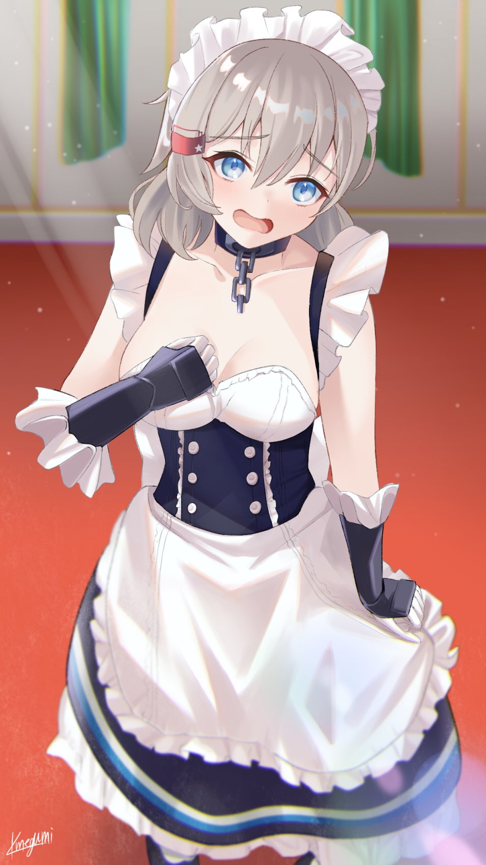 1girl azur_lane belfast_(azur_lane) belfast_(azur_lane)_(cosplay) blue_eyes breasts broken broken_chain chain chain cleavage collar commission cosplay denver_(azur_lane) embarrassed grey_hair highres looking_at_viewer maid maid_headdress megumi_kei signature skeb_commission wavy_mouth