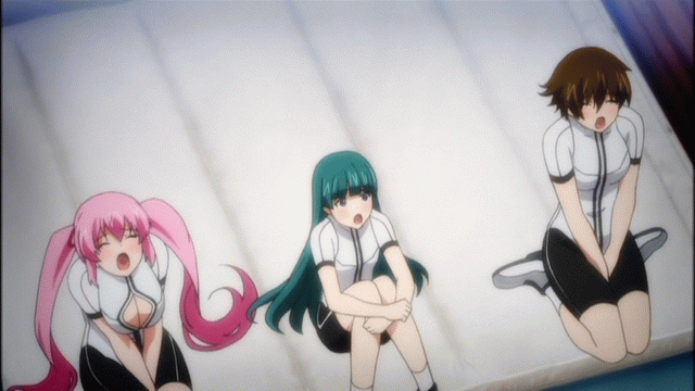 10s 3girls animated animated_gif aqua_hair breasts brown_hair cleavage female_focus hagure_yuusha_no_estetica izumi_chikage kirimoto_kuzuha multiple_girls ousawa_miu peeing peeing_self peeing_together pink_hair puddle school_uniform screencap wet
