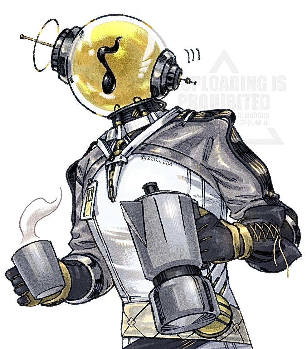 1boy black_gloves coffee_mug cup eighth_note ferrofluid fishbowl_helmet gloves holding_coffee_pot i_(220_i_284) id_card jumpsuit male_focus mug musical_note object_head reverse:1999 solo steam ulrich_(reverse:1999) upper_body watermark white_background white_jumpsuit