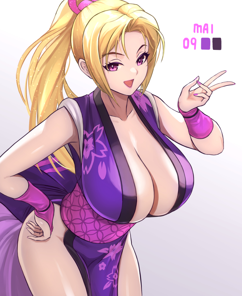 blonde_hair breasts cleavage ema_(emaura) floral_print high_ponytail large_breasts looking_at_viewer official_alternate_color ponytail purple_eyes revealing_clothes shiranui_mai street_fighter street_fighter_6