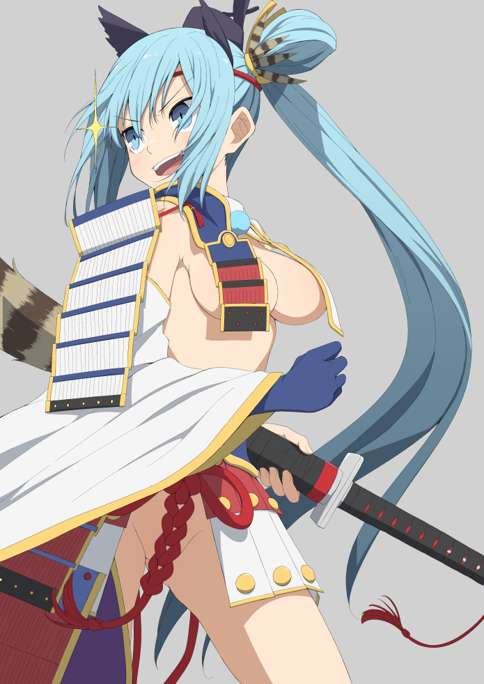1girl alternate_costume aqua_(konosuba) armor black_hat blue_eyes blue_gloves blue_hair breasts cleavage convenient_censoring cosplay detached_sleeves fate/grand_order fate_(series) gloves grey_background hair_bun hair_ornament hat holding japanese_armor katana kono_subarashii_sekai_ni_shukufuku_wo! kusazuri long_hair long_sleeves medium_breasts no_bra no_panties one_side_up open_mouth pom_pom_(clothes) pussy pussy_peek revealing_clothes salpin simple_background single_glove single_hair_bun smile solo sword teeth upper_teeth_only ushiwakamaru_(fate) ushiwakamaru_(fate)_(cosplay) weapon wide_sleeves