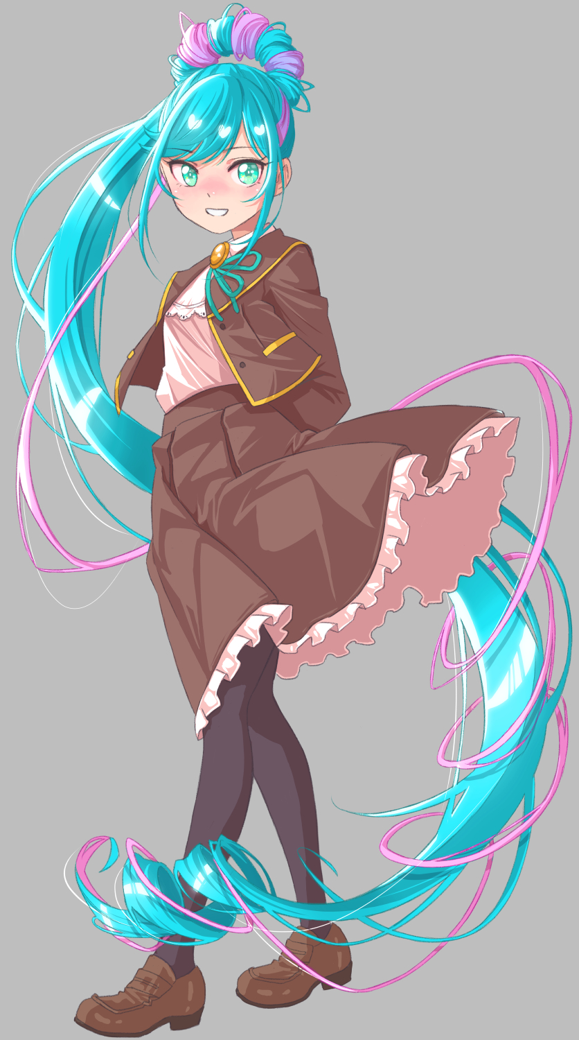 1girl black_pantyhose blue_hair blush brown_jacket brown_sailor_collar brown_skirt cure_spicy delicious_party_precure fuwa_kokone green_eyes grey_background hair_ornament hair_rings hairclip highres jacket jj_(ssspulse) long_hair looking_at_viewer magical_girl medium_skirt pantyhose precure sailor_collar school_uniform shinsen_middle_school_uniform side_ponytail single_hair_ring skirt smile solo very_long_hair