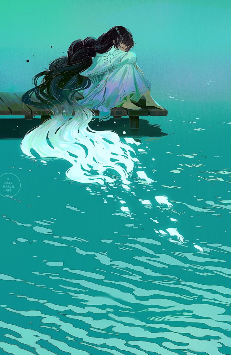 1girl bad_tag barefoot dock dress from_side loika original sitting water