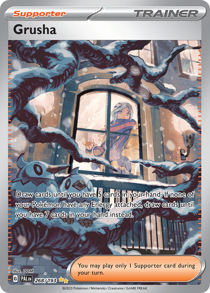 1boy artist_name bird blue_eyes blue_hair card_(medium) character_name company_name copyright_name copyright_notice cup domu_(hamadura) drink english_text eyelashes gen_4_pokemon grusha_(pokemon) holding holding_cup holding_drink looking_outside mug nintendo official_art outdoors poke_ball_theme pokemon pokemon_(creature) pokemon_card pokemon_sv pokemon_tcg scarf snow snowing starly steam sweater third-party_source trading_card tree window