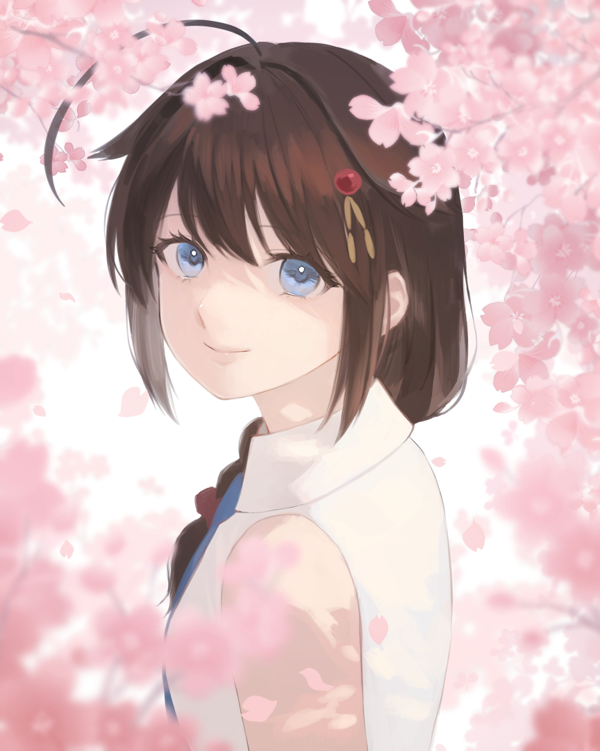 1girl ahoge blue_eyes blue_necktie braid brown_hair chagen_kokimu cherry_blossoms collared_shirt commentary_request flower hair_between_eyes hair_flaps hair_ornament hair_over_shoulder kantai_collection looking_at_viewer necktie petals pink_flower shigure_(kancolle) shigure_(lawson)_(kancolle) shigure_kai_ni_(kancolle) shirt single_braid smile solo upper_body white_shirt