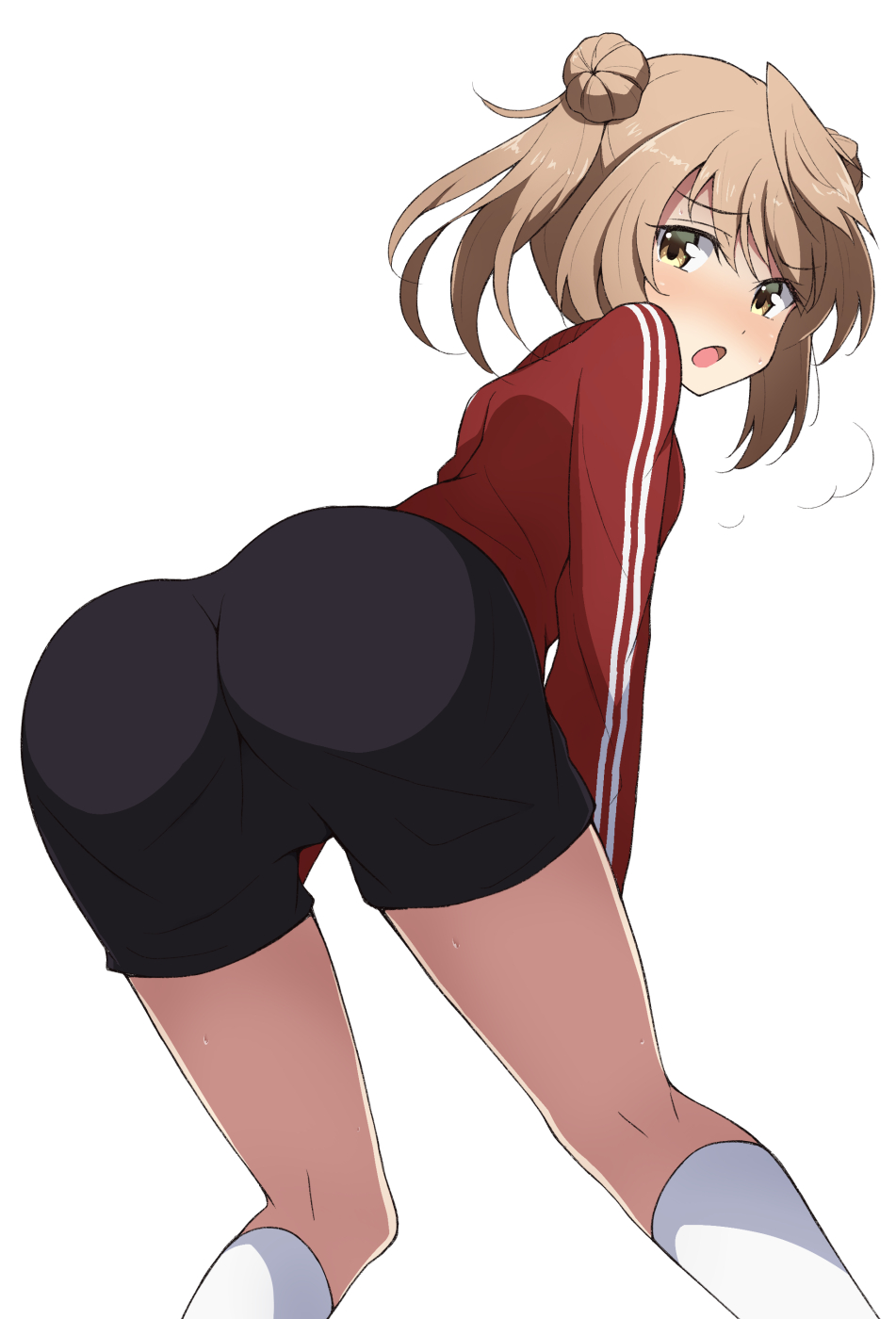 1girl ass blush brown_eyes brown_hair double_bun female_focus hair_between_eyes hair_bun hair_ornament highres jacket jersey kantai_collection kneehighs light_brown_hair long_hair michishio_(kancolle) michishio_kai_ni_(kancolle) nel-c open_mouth short_twintails simple_background socks solo track_jacket track_suit twintails white_background white_socks