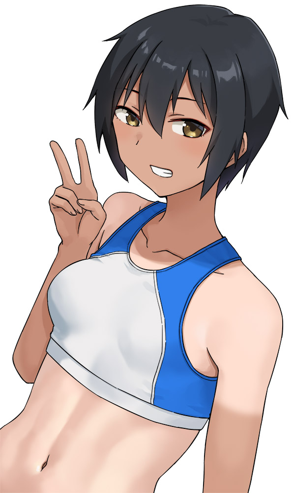 1girl abs breasts collarbone commentary_request grin hair_between_eyes hashi looking_at_viewer medium_breasts navel original short_hair simple_background smile solo sports_bra tan tanline tomboy track_and_field two-tone_sports_bra v white_background yellow_eyes