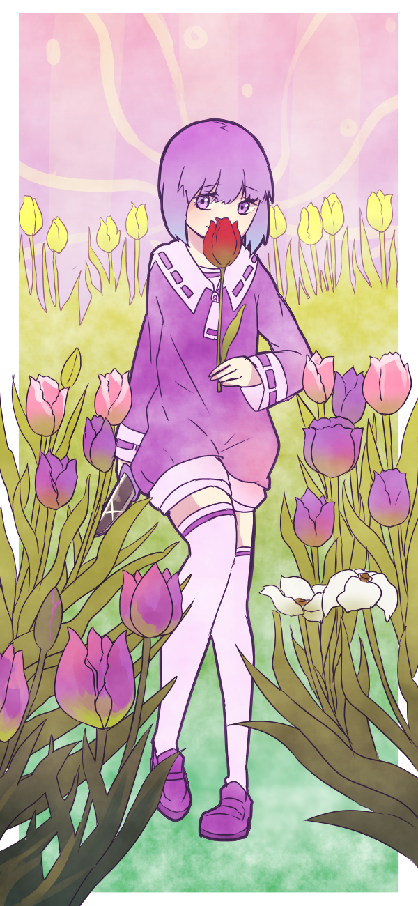 1girl blue_hair elysion female_focus flower gradient_hair highres long_sleeves mizuto_(o96ap) multicolored_hair pink_flower pink_tulip purple_eyes purple_flower purple_footwear purple_hair purple_thighhighs purple_tulip red_flower sailor_collar short_hair smile solo soror sound_horizon thighhighs tulip zettai_ryouiki