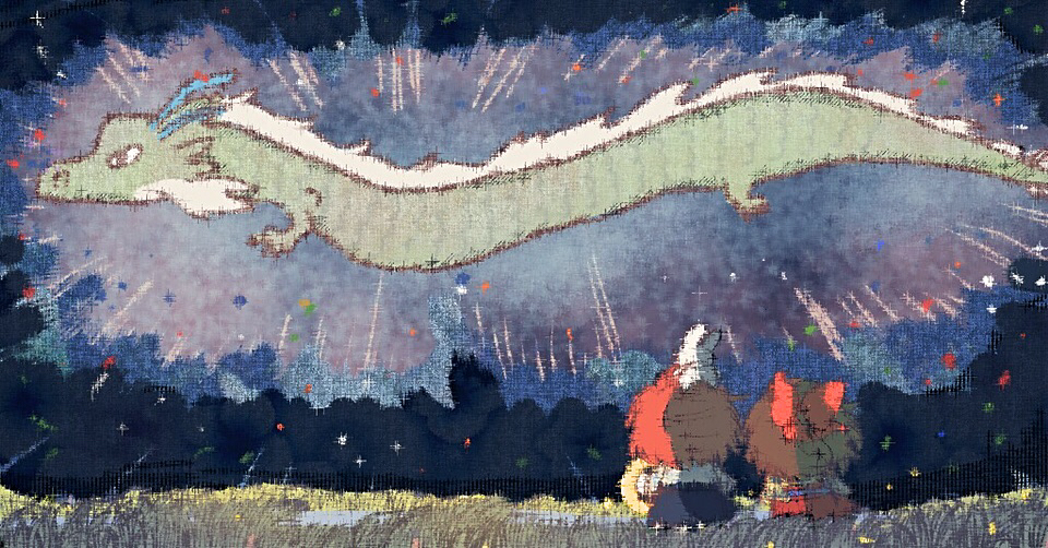 1boy 1girl animal animal_on_head ayazuki_mei blue_hakama bow brown_hair chibi commentary_request confetti dragon eastern_dragon emphasis_lines from_behind full_body grass hair_bow hakama holding holding_instrument instrument izumi_kyouka_(meiji_tokyo_renka) japanese_clothes kimono long_hair long_sleeves meiji_tokyo_renka night night_sky on_head outdoors rabbit rabbit_on_head red_bow red_hair red_hakama short_kimono sky standing sugi_haeru watching white_kimono yellow_kimono yellow_sleeves