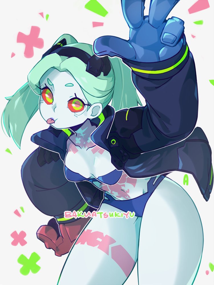 1girl artist_name bakuatsukiyu black_hairband black_jacket blowing_raspberry blue_bra blue_panties bra breasts colored_sclera commentary cowboy_shot cyberpunk_(series) cyberpunk:_edgerunners english_commentary green_eyes green_hair hairband jacket leg_tattoo mechanical_hands neck_tattoo pale_skin panties rebecca_(cyberpunk) red_sclera short_eyebrows small_breasts solo stomach_tattoo strapless strapless_bra tattoo tongue tongue_out twintails underwear w