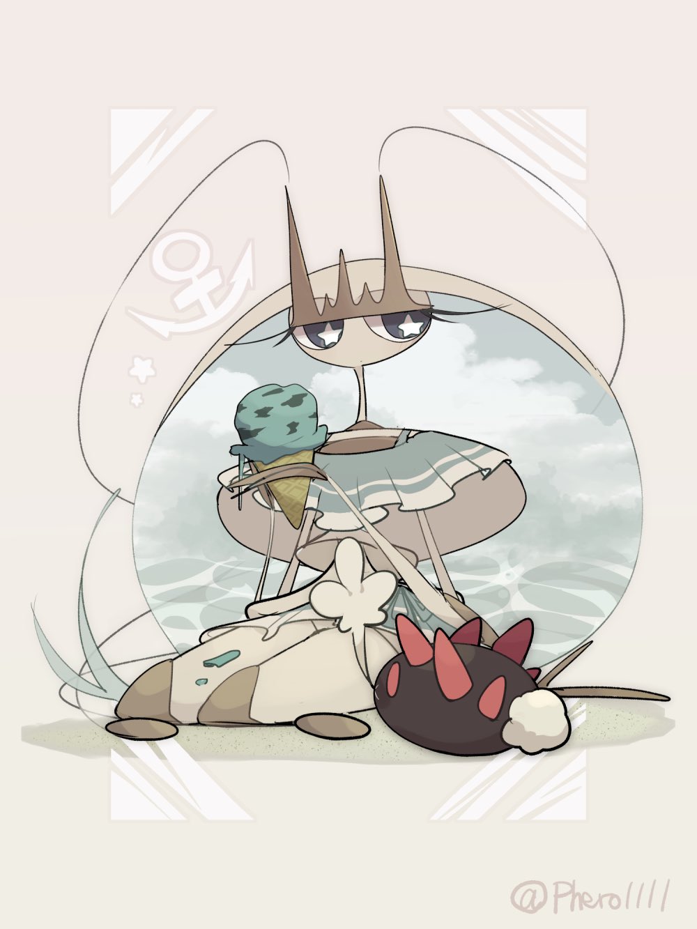 1girl a-nya antennae arthropod_girl artist_name blue_eyes cockroach_girl eyelashes food gen_7_pokemon grey_background highres holding holding_food holding_ice_cream ice_cream joints nintendo pheromosa pokemon pokemon_(creature) pyukumuku sitting star-shaped_pupils star_(symbol) symbol-shaped_pupils twitter_username ultra_beast