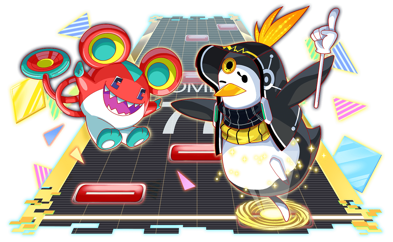 2others animal_ears artist_request bird black_eyes black_hood chuni_penguin chunithm colored_skin crash_fever crossover diamond_(shape) game_cg happy holding holding_pointer jerry_(crash_fever) leg_up mouse_ears multicolored_skin multiple_others official_art one_eye_closed open_mouth penguin pointer saturated sharp_teeth solid_oval_eyes tachi-e tail teeth tongue transparent_background triangle two-tone_fur