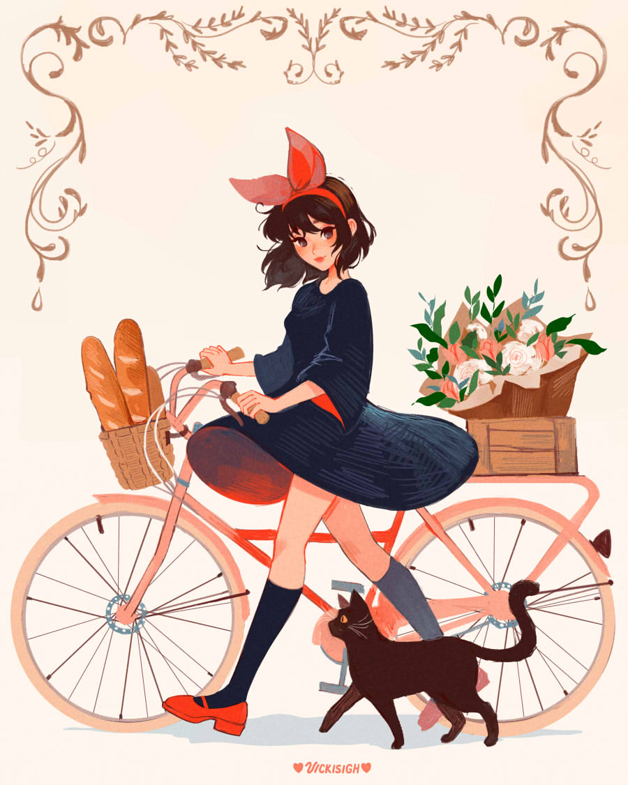 1girl artist_name baguette bicycle bicycle_basket black_cat black_dress bouquet bread brown_eyes brown_hair cat commentary dress flower food hairband jiji_(majo_no_takkyuubin) kiki_(majo_no_takkyuubin) kneehighs majo_no_takkyuubin medium_dress pink_flower pink_tulip red_hairband rose socks tulip vicki_tsai white_flower white_rose