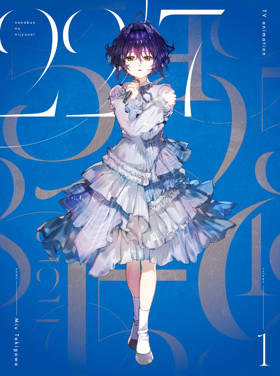 1girl 22/7 ahoge black_shoes blue_background blue_dress blue_hair blue_ribbon brown_eyes character_name copyright_name cover dancing dress dvd_cover frilled_dress frills full_body hand_on_own_shoulder highres holding holding_microphone long_sleeves majiro_(mazurka) microphone muzui neck_ribbon official_art parted_lips ribbon self_hug shoes short_hair socks solo straight-on takigawa_miu wavy_hair white_socks