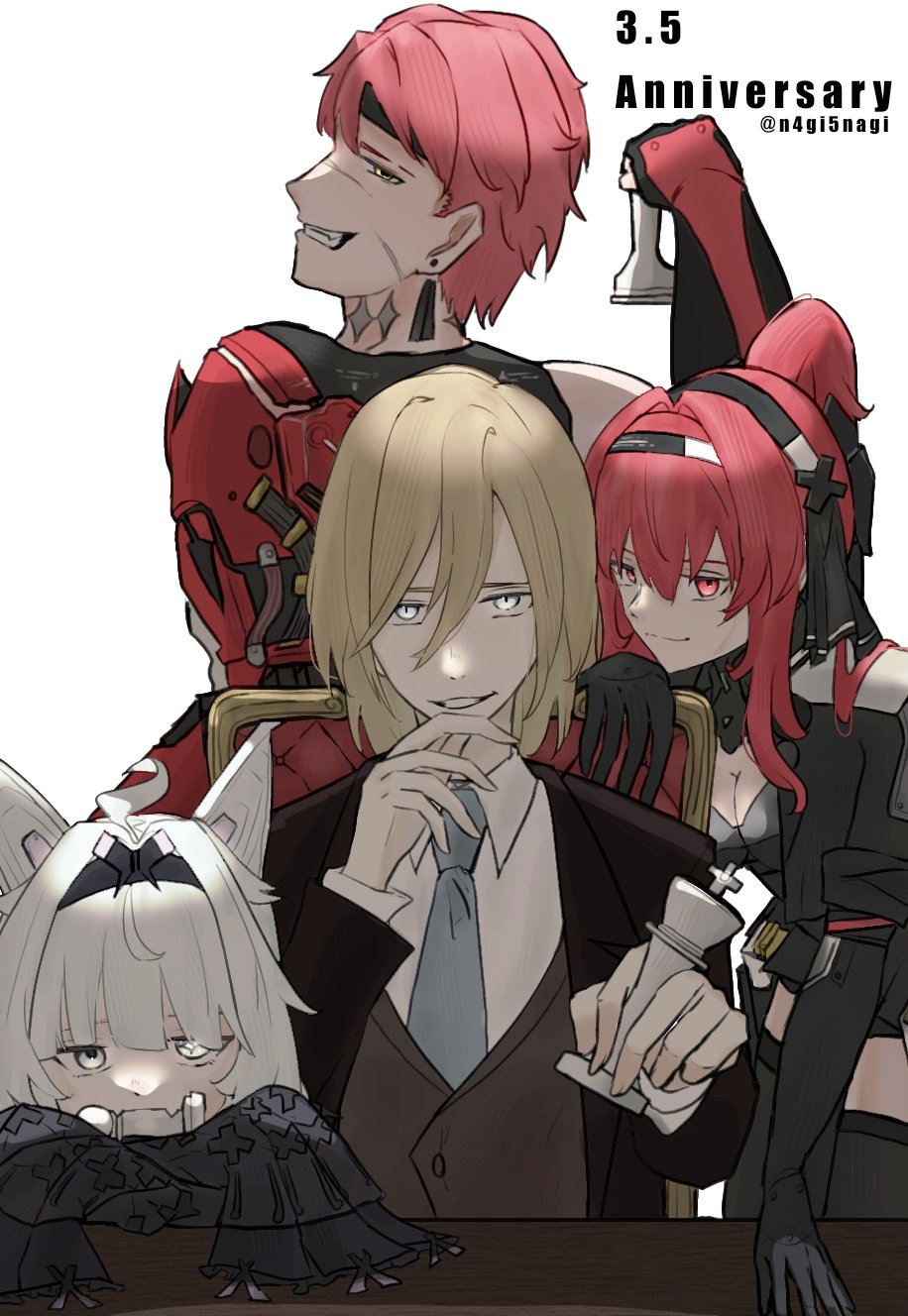 2boys 2girls ahoge animal_ears black_bodysuit black_hairband black_suit black_thighhighs blonde_hair bodysuit chess_piece collared_shirt cross-shaped_pupils facial_scar formal_clothes grey_hair grey_necktie hair_between_eyes hair_intakes hairband heterochromia highres holding holding_chess_piece long_hair long_sleeves mechanical_arms mechanical_ears medium_hair mismatched_pupils multiple_boys multiple_girls murray_(pgr) n4gi5nagi neck_tattoo necktie no._21:_feral_scent_(pgr) no._21_(pgr) noctis_(pgr) ponytail punishing:_gray_raven red_hair scar scar_on_cheek scar_on_face scar_on_nose shirt sidelocks single_mechanical_arm sleeves_past_fingers sleeves_past_wrists suit symbol-shaped_pupils tattoo thighhighs vera:_garnet_(pgr) vera_(pgr) white_shirt wolf_ears yellow_eyes
