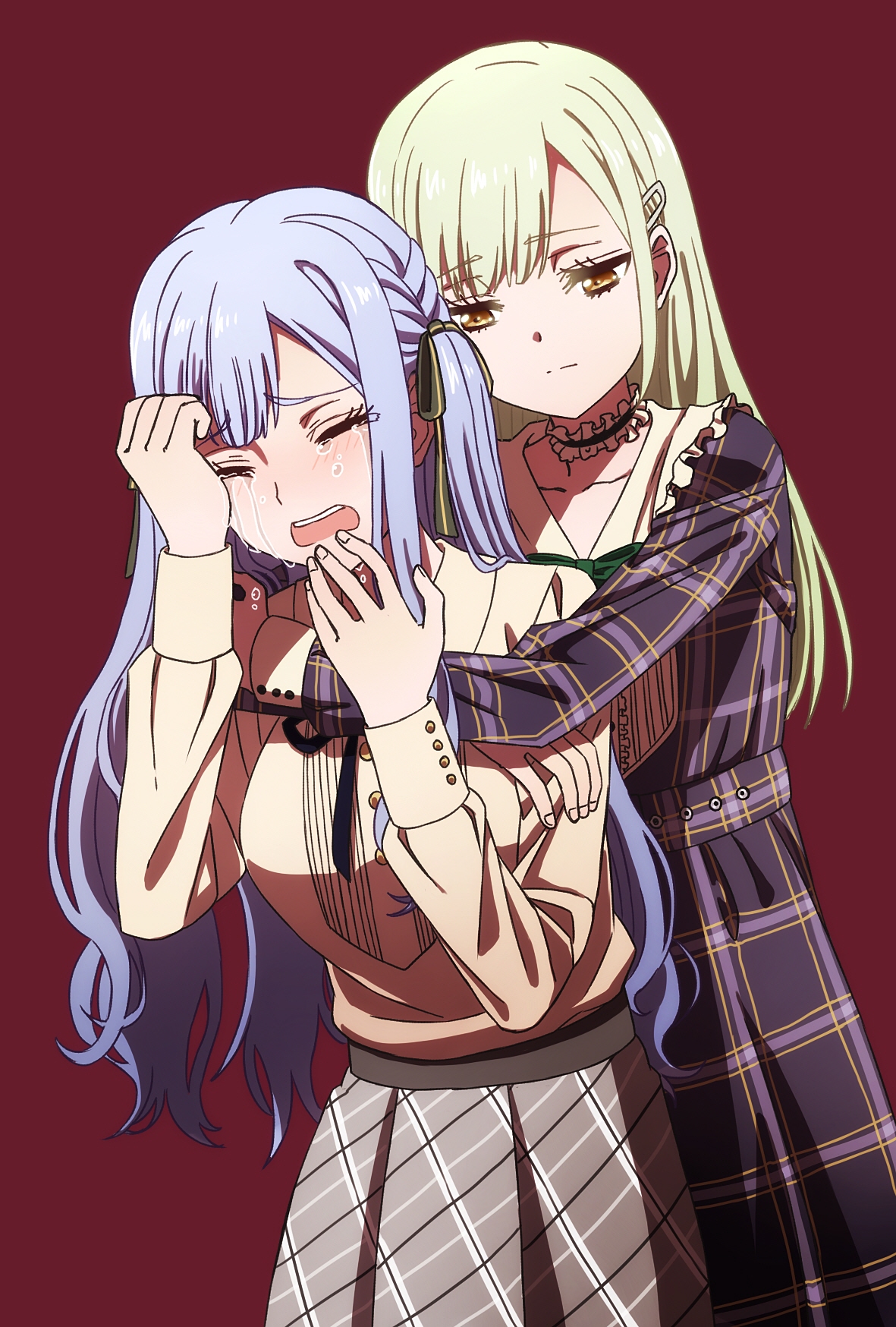 2girls bang_dream! bang_dream!_it's_mygo!!!!! blue_hair blush bow bowtie buttons casual choker closed_eyes closed_mouth collarbone commentary_request commission cowboy_shot crying dress expressionless fingernails frilled_choker frills frown green_bow green_bowtie green_hair grey_skirt hair_ornament hair_ribbon hairclip highres hug hug_from_behind long_hair long_sleeves multiple_girls oiun open_mouth pixiv_commission plaid_clothes plaid_dress plaid_skirt red_background ribbon sad sidelocks simple_background skirt split_mouth swept_bangs tears teeth togawa_sakiko two-tone_ribbon two_side_up upper_teeth_only wakaba_mutsumi wiping_tears yellow_eyes yuri