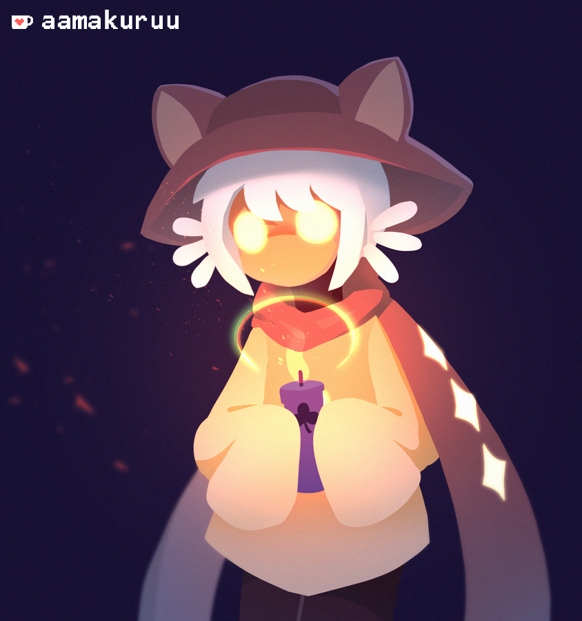 1other aamakuruu animal_hat brown_scarf candle cat_hat clover coat cosplay glowing glowing_eyes hat long_sleeves niko_(oneshot) niko_(oneshot)_(cosplay) o_o other_focus scarf sky:_children_of_the_light sky_child sleeves_past_fingers sleeves_past_wrists watermark whiskers white_hair