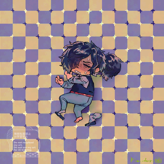 01rosso 1boy black_hair black_vest checkered_background chibi chibi_only closed_eyes commentary_request fate/grand_order fate_(series) full_body hair_over_one_eye long_sleeves lying male_focus okada_izou_(fate) on_side optical_illusion ponytail primrose_field_illusion sandals single_sock socks vest wavy_mouth