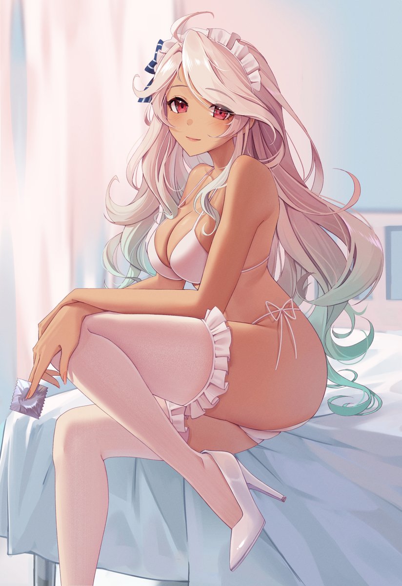 1girl ahoge azur_lane bare_shoulders blonde_hair bra breasts brooklyn_(azur_lane) cleavage closed_mouth commission condom condom_wrapper dark-skinned_female dark_skin frilled_headwear frilled_thighhighs frills gradient_hair green_hair high_heels highres holding holding_condom indoors large_breasts long_hair looking_at_viewer miukoobi multicolored_hair on_bed panties patent_heels pumps red_eyes shoes side-tie_panties sitting smile solo stiletto_heels swept_bangs thighhighs underwear white_bra white_panties white_shoes white_thighhighs