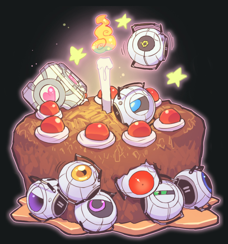 adventure_core anger_core ball black_background blue_eyes box cake candle constricted_pupils cream curiosity_core fact_core fire floating food food_focus full_body green_eyes half-closed_eyes heart intelligence_core looking_at_another looking_to_the_side looking_up morality_core motion_lines no_humans non-humanoid_robot one-eyed outline pink_eyes pink_outline portal_(series) purple_eyes red_eyes robot sanjiro_(tenshin_anman) simple_background space_core star_(symbol) aperture_science_weighted_companion_cube wheatley yellow_eyes