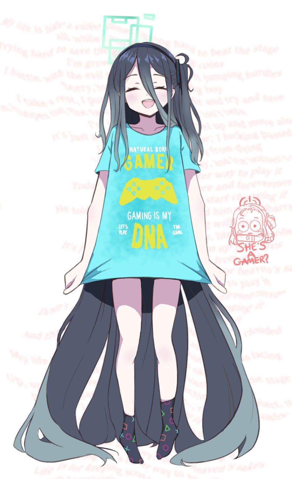 1girl :d ^_^ absurdly_long_hair aris_(blue_archive) black_hair black_socks blue_archive blue_shirt chibi chibi_inset closed_eyes clothes_pull clothes_writing commentary controller english_text hair_between_eyes halo highres long_hair long_hair_between_eyes one_side_up open_mouth playstation_symbols power_symbol print_legwear print_shirt print_socks psycho_orb rectangular_halo shirt shirt_pull sidelocks smile socks solo_focus t-shirt text_background very_long_hair yuzu_(blue_archive)