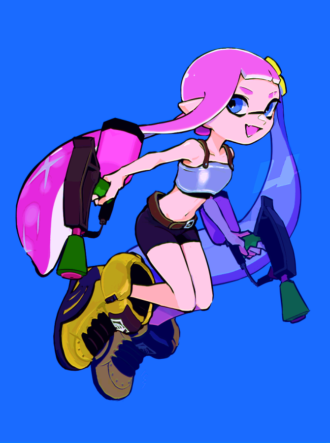 1girl armor bare_shoulders belt belt_buckle bike_shorts black_shirt blue_background blue_eyes blue_shorts breastplate brown_belt buckle collarbone commentary crop_top dual_wielding eyebrow_cut full_body hair_ornament hairclip high_tops holding holding_weapon imaikuy0 inkling inkling_girl inkling_player_character long_hair midriff navel nintendo open_mouth pink_hair pointy_ears shirt shoes shorts simple_background smile sneakers solo splat_dualies_(splatoon) splatoon_(series) symbol-only_commentary tentacle_hair twintails very_long_hair weapon yellow_shoes