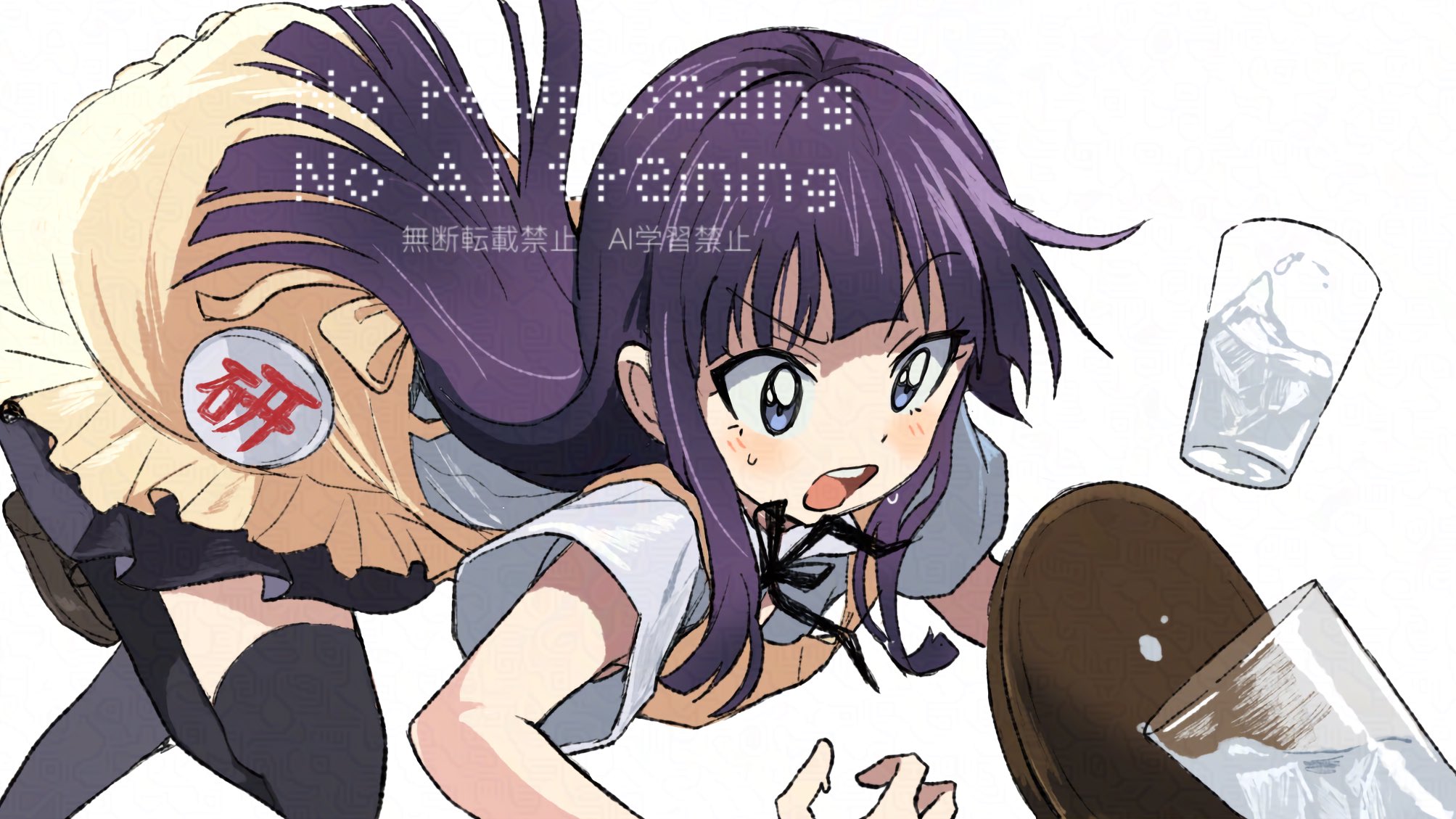1girl badge black_hair black_thighhighs blunt_bangs cup dojikko drinking_glass highres long_hair open_mouth purple_eyes shiro_srmsk simple_background solo spill teeth thighhighs tray tsurime upper_teeth_only v-shaped_eyebrows wagnaria_uniform waitress watermark white_background working!! yamada_aoi