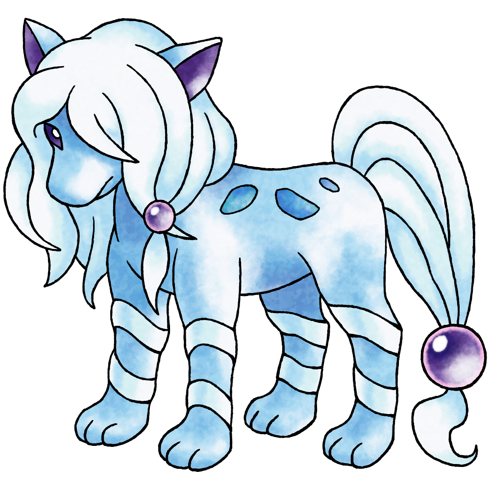 blue_skin blue_theme bright_pupils closed_mouth colored_sclera colored_skin derivative_work full_body gen_2_pokemon hair_over_one_eye legendary_pokemon light_frown long_hair low-tied_long_hair nintendo no_humans no_nose official_style one_eye_covered orb pokemon pokemon_(creature) pokemon_focus pokemon_gsc_(prototype) prototype_design purple_sclera raciebeep simple_background solo standing sugimori_ken_(style) sui_(suicune) suicune tachi-e transparent_background watercolor_effect white_hair white_pupils white_tail