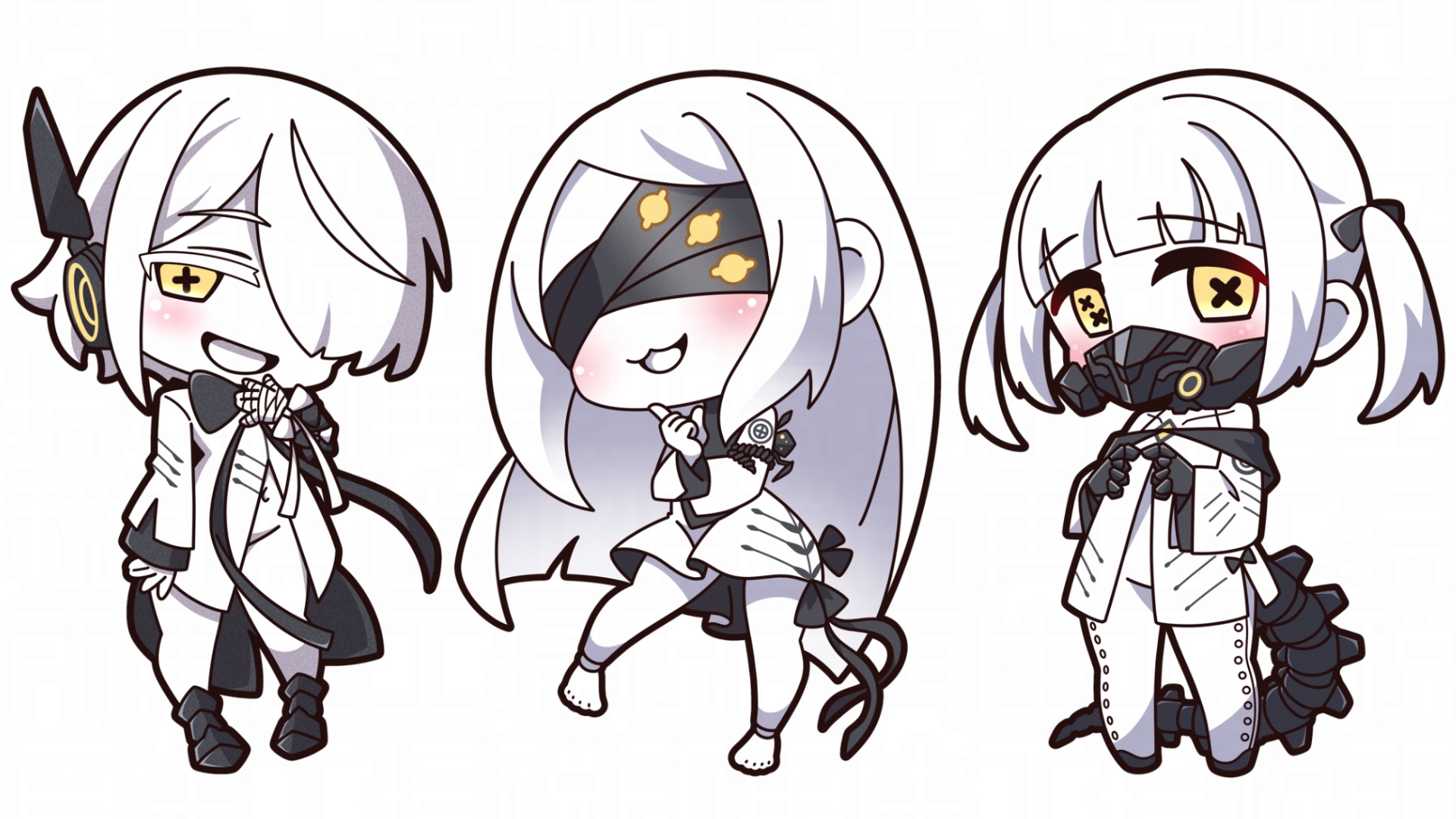 3girls :d bare_shoulders barefoot black_boots black_bow black_gloves blindfold blue_archive blush boots bow chibi collarbone colored_eyelashes colored_skin commentary cross-shaped_pupils detached_sleeves dress ein_(blue_archive) facing_viewer full_body gloves groin hair_over_one_eye hand_up highres index_finger_raised jacket long_hair long_sleeves looking_at_viewer mask mismatched_pupils multiple_girls naked_jacket navel off-shoulder_jacket off_shoulder ohr_(blue_archive) open_mouth parted_bangs respirator saishosaisekojo simple_background sleeves_past_wrists smile sof_(blue_archive) standing symbol-shaped_pupils tail twintails very_long_hair white_background white_dress white_hair white_jacket white_skin white_sleeves wide_sleeves yellow_eyes