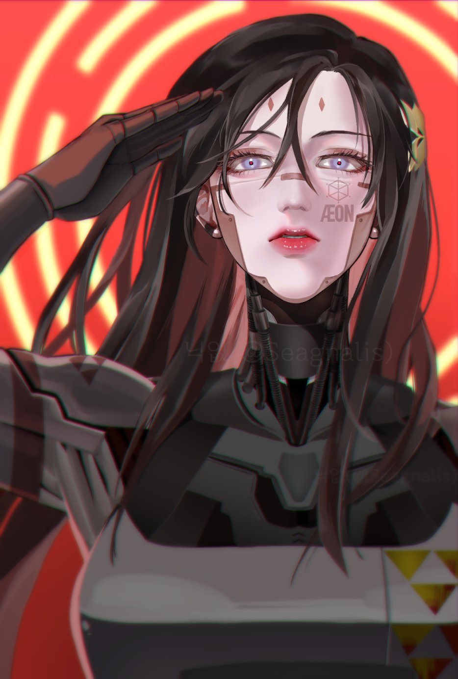 1girl android artist_name black_hair blue_eyes commentary english_commentary facial_mark falke_(signalis) forehead_mark hair_ornament halo halo_behind_head hand_up highres joints long_hair looking_at_viewer metal_skin parted_lips red_background robot_joints salute seagnalis signalis solo straight-on upper_body