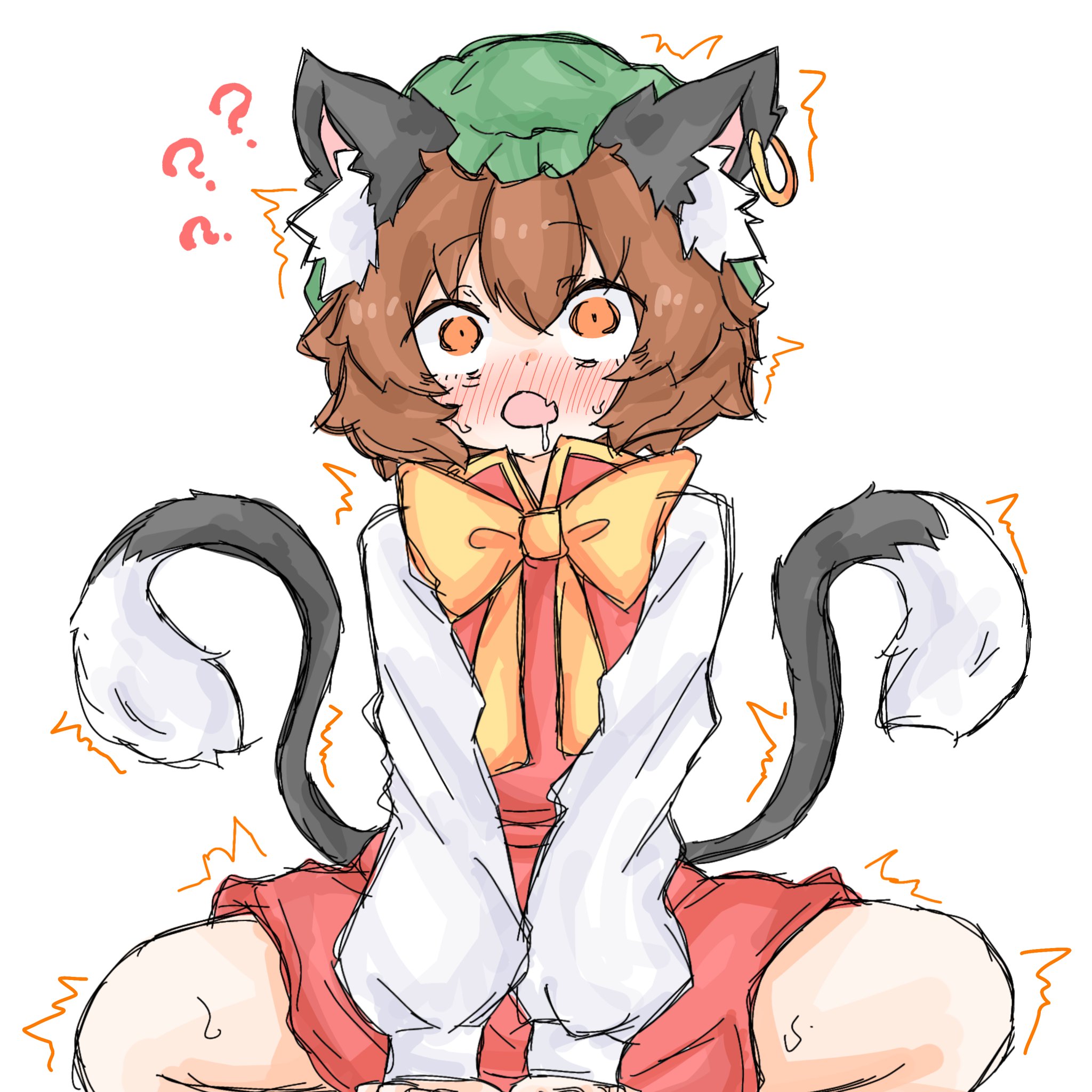 1girl ? animal_ear_fluff animal_ear_piercing animal_ears blush bow bowtie brown_eyes brown_hair cat_ears cat_tail chen dot_nose double-parted_bangs earrings fang flat_chest frills fumomono gold_trim hair_between_eyes hat highres jewelry long_sleeves mob_cap multiple_tails nekomata o_o open_mouth puffy_long_sleeves puffy_sleeves red_skirt red_vest short_hair simple_background single_earring skin_fang skirt skirt_set solo squatting tail touhou trembling two_tails vest white_background yellow_bow yellow_bowtie