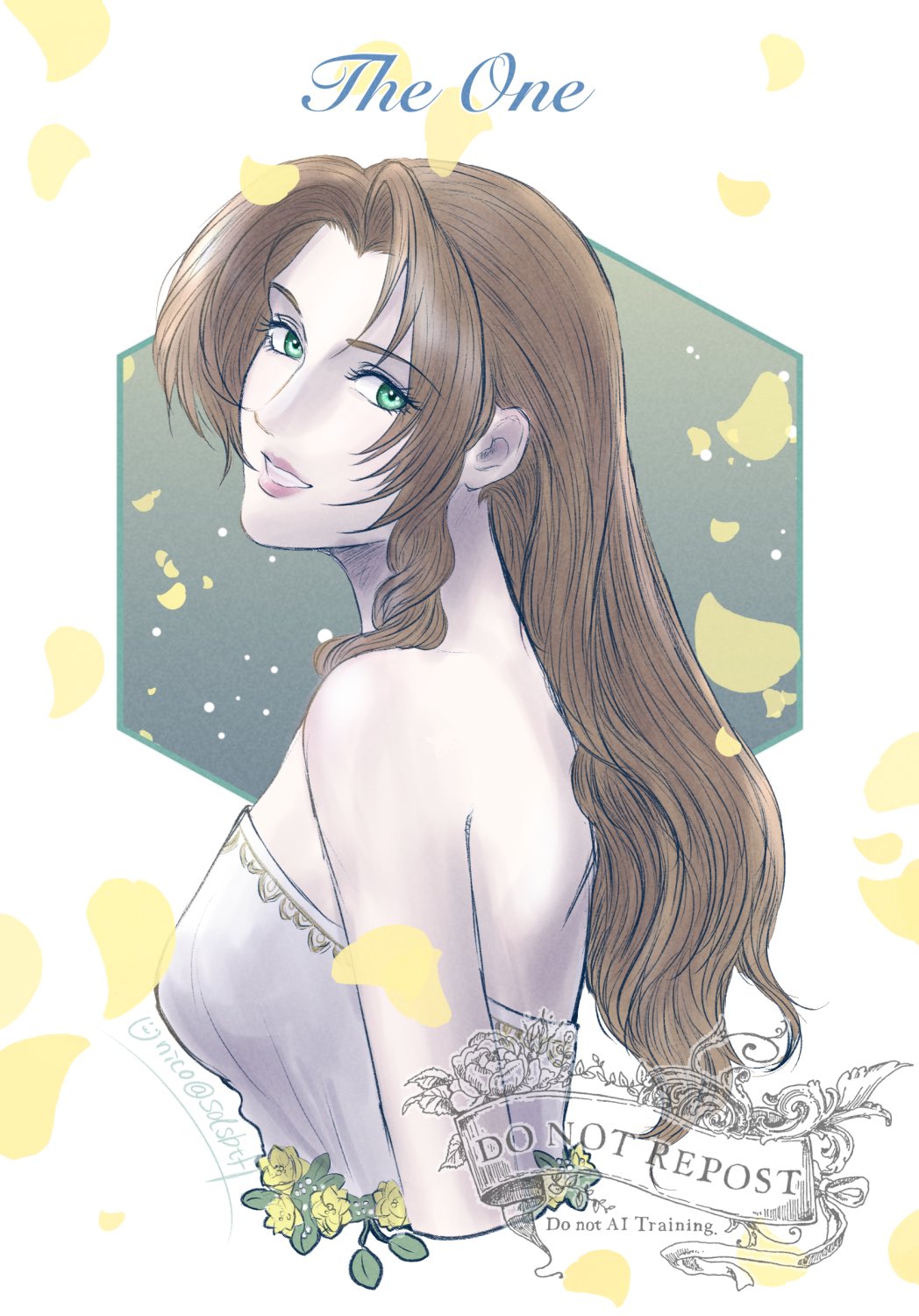 1girl aerith_gainsborough aerith_gainsborough_(white_floral_dress) bare_shoulders breasts brown_hair dress dress_flower english_text falling_petals final_fantasy final_fantasy_vii final_fantasy_vii_ever_crisis final_fantasy_vii_rebirth final_fantasy_vii_remake flower green_eyes highres long_hair medium_breasts official_alternate_costume parted_bangs parted_lips petals sdsbtfl sidelocks smile solo strapless strapless_dress twitter_username upper_body wavy_hair white_dress yellow_flower yellow_petals