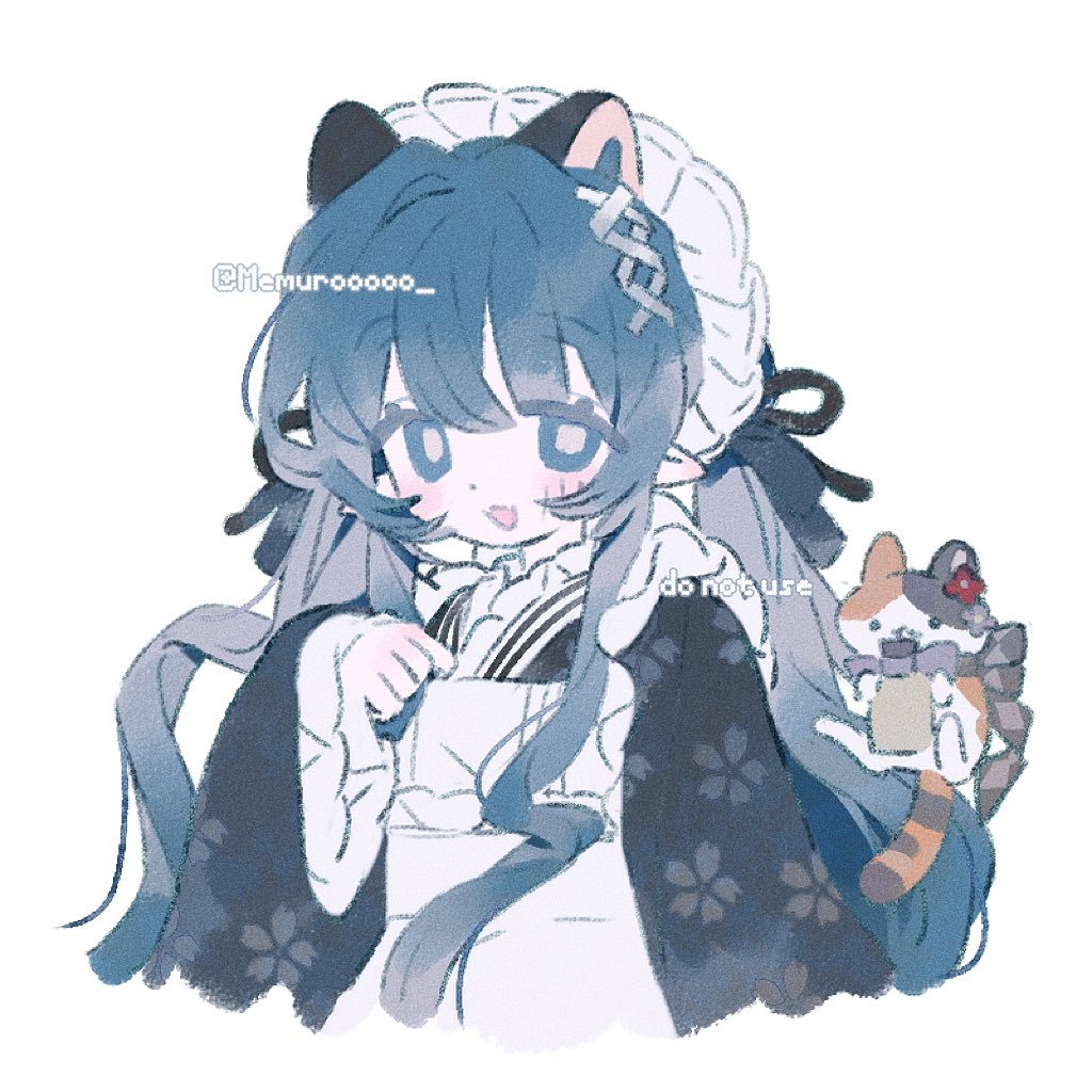 1girl :3 :d animal_ears apron black_ribbon blue_eyes blue_hair blush cat_ears cropped_torso floral_print frilled_apron frills hair_ornament hair_ribbon hand_up japanese_clothes kimono long_hair long_sleeves looking_at_viewer maid maid_headdress memuro open_mouth original pointy_ears ribbon smile twintails twitter_username upper_body wa_maid white_apron white_background wide_sleeves