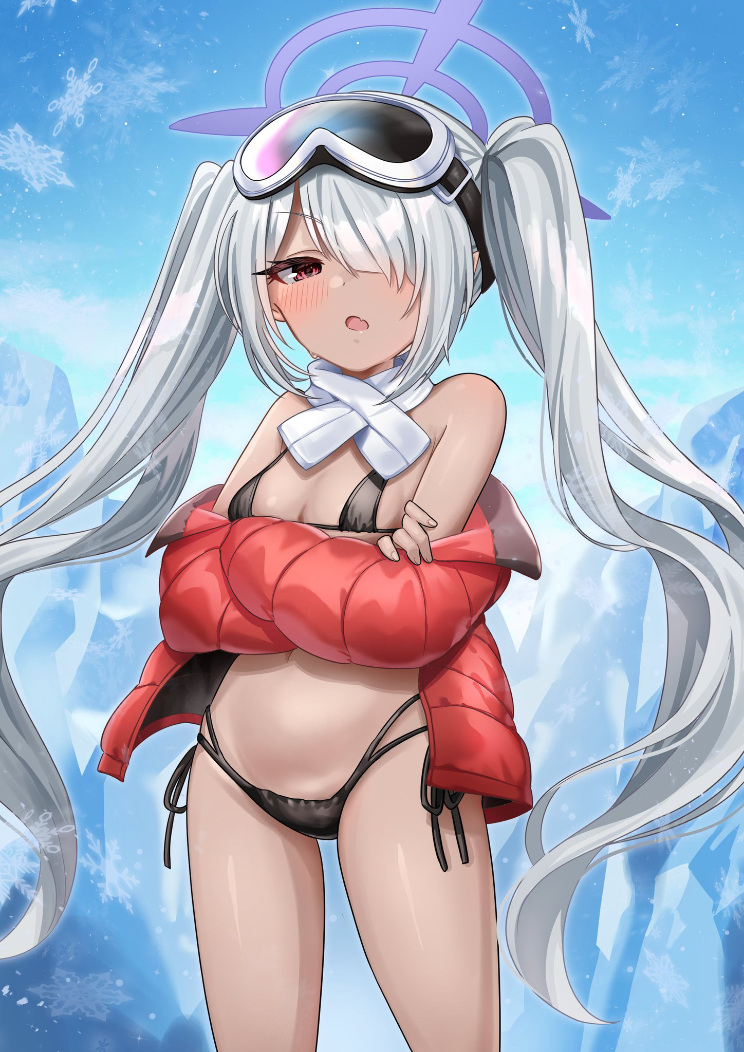 1girl bikini black_bikini blue_archive blue_sky blush breasts cleavage cosplay crossed_arms dark-skinned_female dark_skin eimi_(blue_archive) eimi_(blue_archive)_(cosplay) eimi_(swimsuit)_(blue_archive) grey_hair hair_over_one_eye highres iori_(blue_archive) jacket long_hair looking_at_viewer ma0rock open_mouth pointy_ears red_eyes red_jacket scarf sky small_breasts snow_goggles snowflakes swimsuit twintails white_scarf