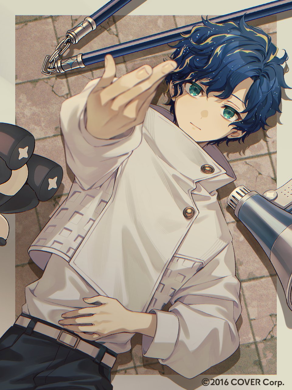 1boy :| aqua_eyes astel_leda belt belt_buckle black_pants blonde_hair blue_hair blurry blurry_foreground border buckle closed_mouth copyright_notice cowboy_shot crack curtained_hair expressionless from_above hand_on_own_stomach highres holostars jacket looking_at_viewer lying male_focus megaphone multicolored_hair nokachoco114 nunchaku official_art on_back on_floor outside_border pants reaching reaching_towards_viewer shirt short_hair starry_hair streaked_hair stuffed_animal stuffed_toy teddy_bear tile_floor tiles virtual_youtuber wavy_hair weapon white_belt white_border white_jacket white_shirt