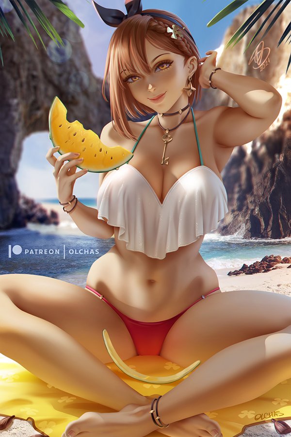 1girl anklet atelier_(series) atelier_ryza atelier_ryza_2 barefoot beach bikini blurry blurry_background breasts brown_eyes brown_hair choker cleavage day earrings food fruit indian_style jewelry key key_necklace large_breasts leaf mismatched_bikini navel necklace olchas outdoors palm_leaf palm_tree reisalin_stout short_hair sitting solo swimsuit tree watermelon