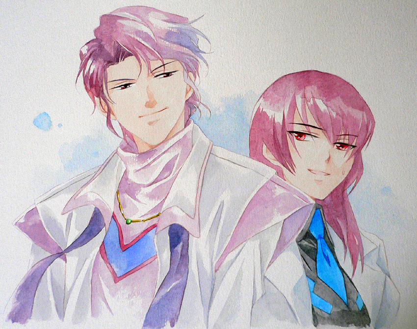 1boy 1girl agahari bad_id bad_pixiv_id banpresto crossover faux_traditional_media jewelry kouzuki_yuuko lab_coat muv-luv muv-luv_alternative necklace necktie purple_eyes purple_hair red_eyes robe shuu_shirakawa super_robot_wars sweatdrop turtleneck upper_body