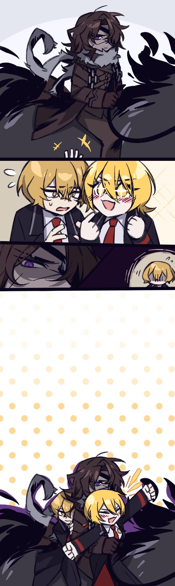 1girl 2boys :3 blonde_hair blush brown_coat brown_gloves brown_pants chain coat don_quixote_(project_moon) dullahan_(project_moon) eyepatch gloves heathcliff_(project_moon) highres horseback_riding limbus_company long_sleeves mercuryhx multiple_boys open_mouth pants project_moon purple_eyes riding scarf short_hair simple_background sinclair_(project_moon) sitting smile sparkling_eyes white_background white_scarf wuthering_heights_(identity)_(project_moon) yellow_eyes