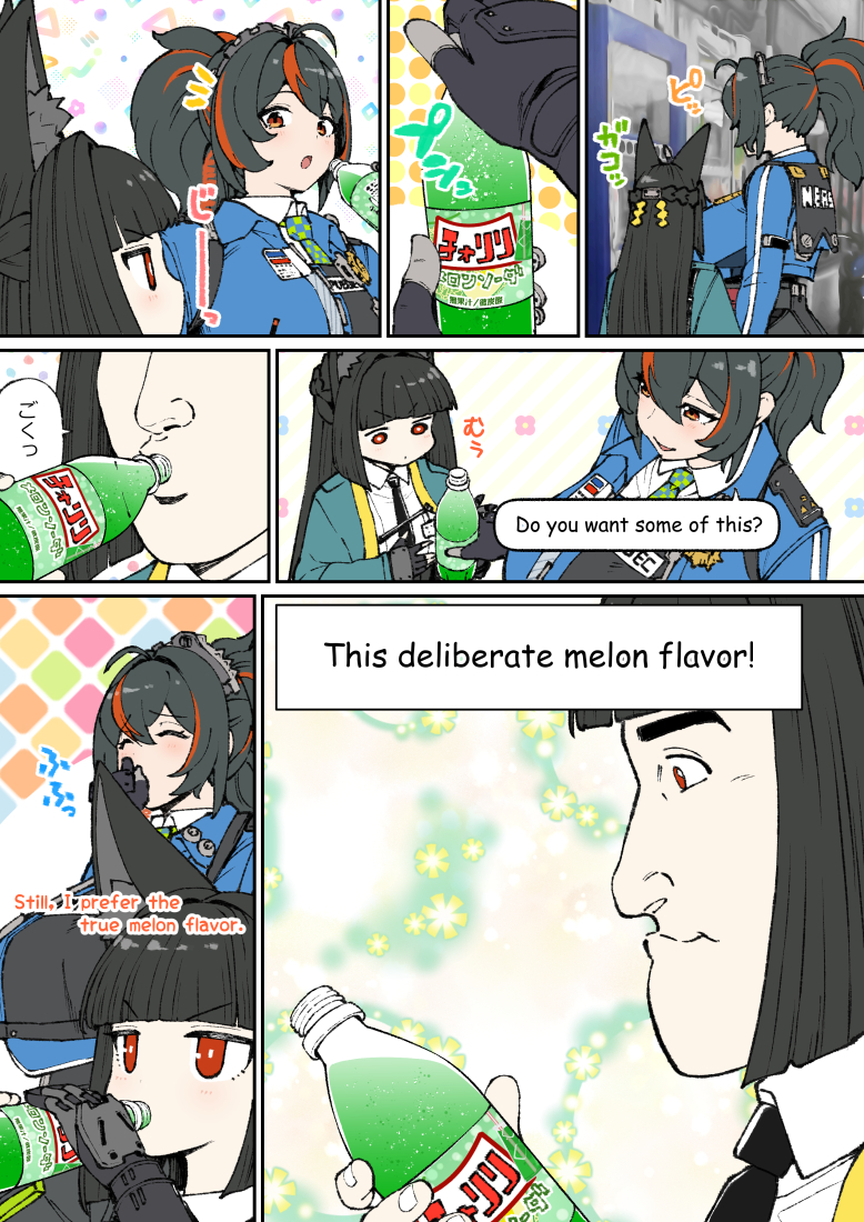2girls animal_ears black_hair blue_shirt bottle breasts drinking english_text female_focus fox_ears half-closed_eyes holding holding_bottle hoshimi_miyabi large_breasts long_hair meme multiple_girls nenbuta nipponia_nippon ponytail red_eyes shirt speech_bubble zenless_zone_zero zhu_yuan