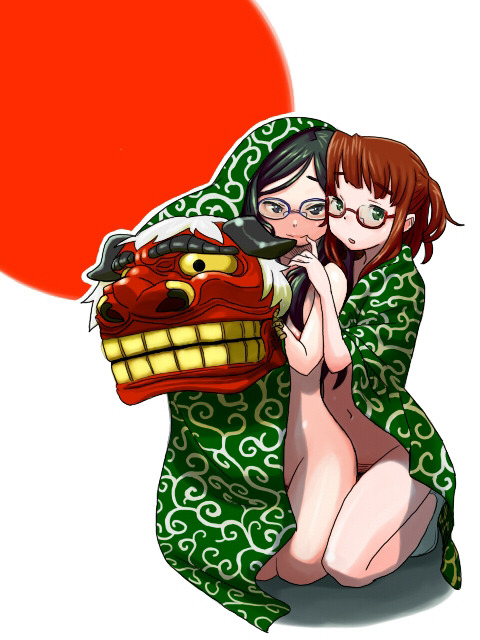 2girls :o black_hair brown_hair chinese_new_year chinese_zodiac convenient_censoring full_body glasses hirasawa_you hug multiple_girls nude open_mouth original red-framed_eyewear seiza semi-rimless_eyewear shadow sitting wrapped year_of_the_goat