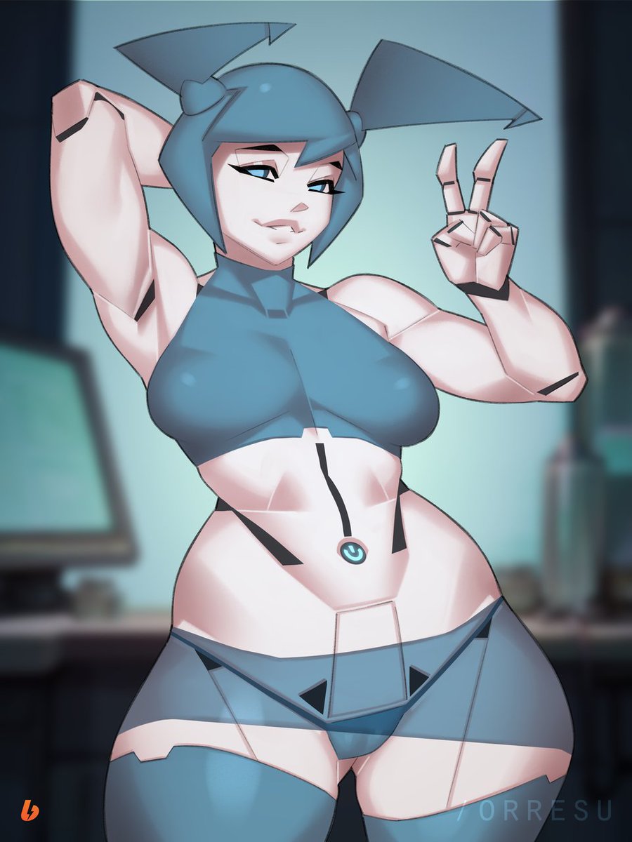 1girl android aqua_hair bare_shoulders blue_eyes blue_hair breasts colored_skin crop_top cyber_fashion highres humanoid_robot jenny_wakeman joints looking_at_viewer mechanical_arms mechanical_legs metal_skin my_life_as_a_teenage_robot orresu robot robot_ears robot_girl robot_joints short_hair simple_background skirt smile solo stomach thighhighs twintails white_skin