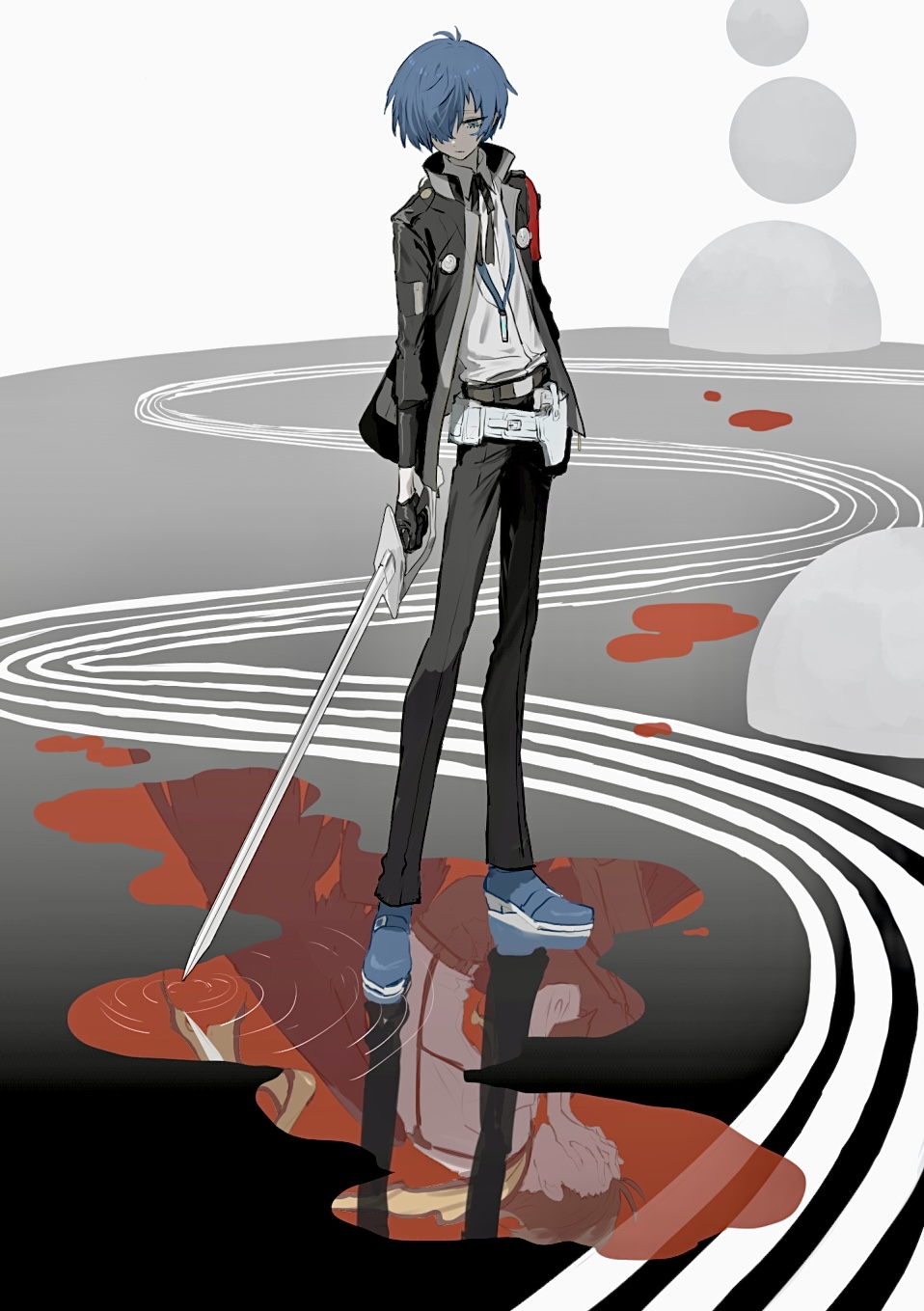 1boy armband belt black_gloves black_hair black_pants black_ribbon black_wings blue_eyes blue_footwear blue_hair collared_shirt covering_own_eyes different_reflection digital_media_player full_body gekkoukan_high_school_uniform gloves highres holding holding_sword holding_weapon jacket long_sleeves male_focus mochizuki_ryouji neck_ribbon open_clothes pants persona persona_3 persona_3_reload red_armband reflection ribbon ripples scarf school_uniform shirt shoes standing sword tamaon_2525 weapon white_shirt wings yellow_scarf yuuki_makoto_(persona_3)