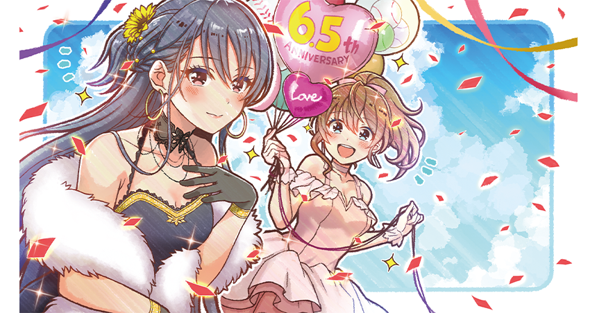 2girls :d anniversary arihara_tsubasa ball balloon baseball_(object) black_dress black_gloves black_hair blue_eyes border braid brown_hair cinderella_series closed_mouth collarbone confetti dress gloves hachigatsu_no_cinderella_nine hair_between_eyes hair_ribbon half_up_braid hanako_(akatsuki) heart_balloon high_ponytail holding holding_balloon long_hair looking_at_viewer multiple_girls non-web_source notice_lines official_art open_mouth outside_border pink_dress pink_ribbon ponytail red_eyes ribbon shinonome_ryo sleeveless sleeveless_dress smile sparkle streamers teeth upper_teeth_only white_border white_fur white_gloves