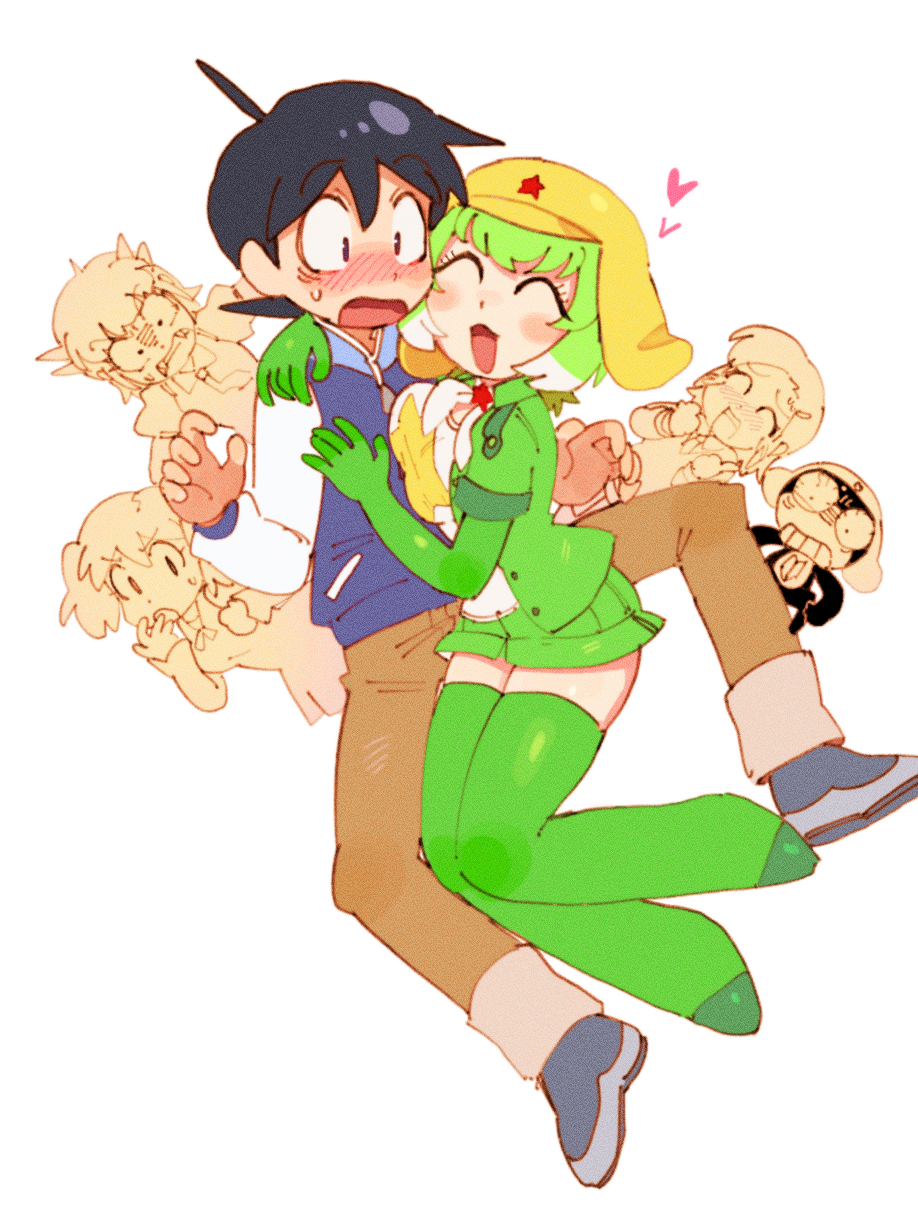 3boys 3girls ^_^ angol_mois batrobin_k blush boots breasts closed_eyes elbow_gloves gloves green_footwear green_gloves heart highres hinata_fuyuki hinata_natsumi hug kemono_friends keroro keroro_(kemono_friends) keroro_gunsou large_breasts long_sleeves looking_at_another multiple_boys multiple_girls nishizawa_momoka open_mouth personification short_hair short_sleeves simple_background smile tamama thigh_boots white_background