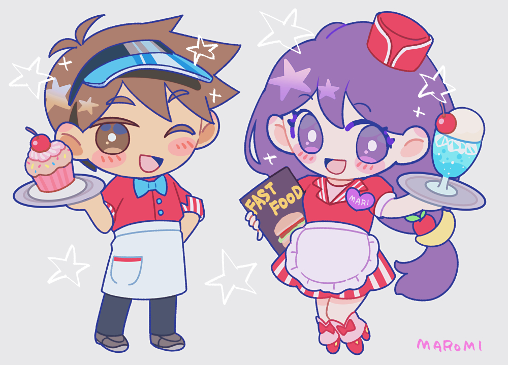 1boy 1girl :d ;d alternate_costume antenna_hair apple_hair_ornament apron artist_name banana_hair_ornament black_pants blue_bow blue_bowtie blue_hat blush bow bowtie bright_pupils brown_eyes brown_hair cherry chibi chibi_only commentary commentary_request cup cupcake double-parted_bangs dress employee_uniform english_commentary fast_food_uniform food food-themed_hair_ornament frilled_apron frills fruit full_body grey_background grey_shoes hair_behind_ear hair_between_eyes hair_ornament hat hero_(faraway)_(omori) hero_(omori) holding holding_tray ice_cream legs_apart legs_together long_hair low-tied_long_hair mari_(headspace)_(omori) mari_(omori) maromichan mixed-language_commentary no_sclera omori one_eye_closed open_mouth pants pink_shoes pinky_out puffy_short_sleeves puffy_sleeves purple_eyes purple_hair red_dress red_hat roller_skates shoes short_hair short_sleeves side-by-side simple_background skates smile sprinkles standing star_(symbol) striped_clothes striped_dress sundae traditional_bowtie tray vertical-striped_clothes vertical-striped_dress very_long_hair very_short_hair visor_cap waist_apron white_apron white_pupils