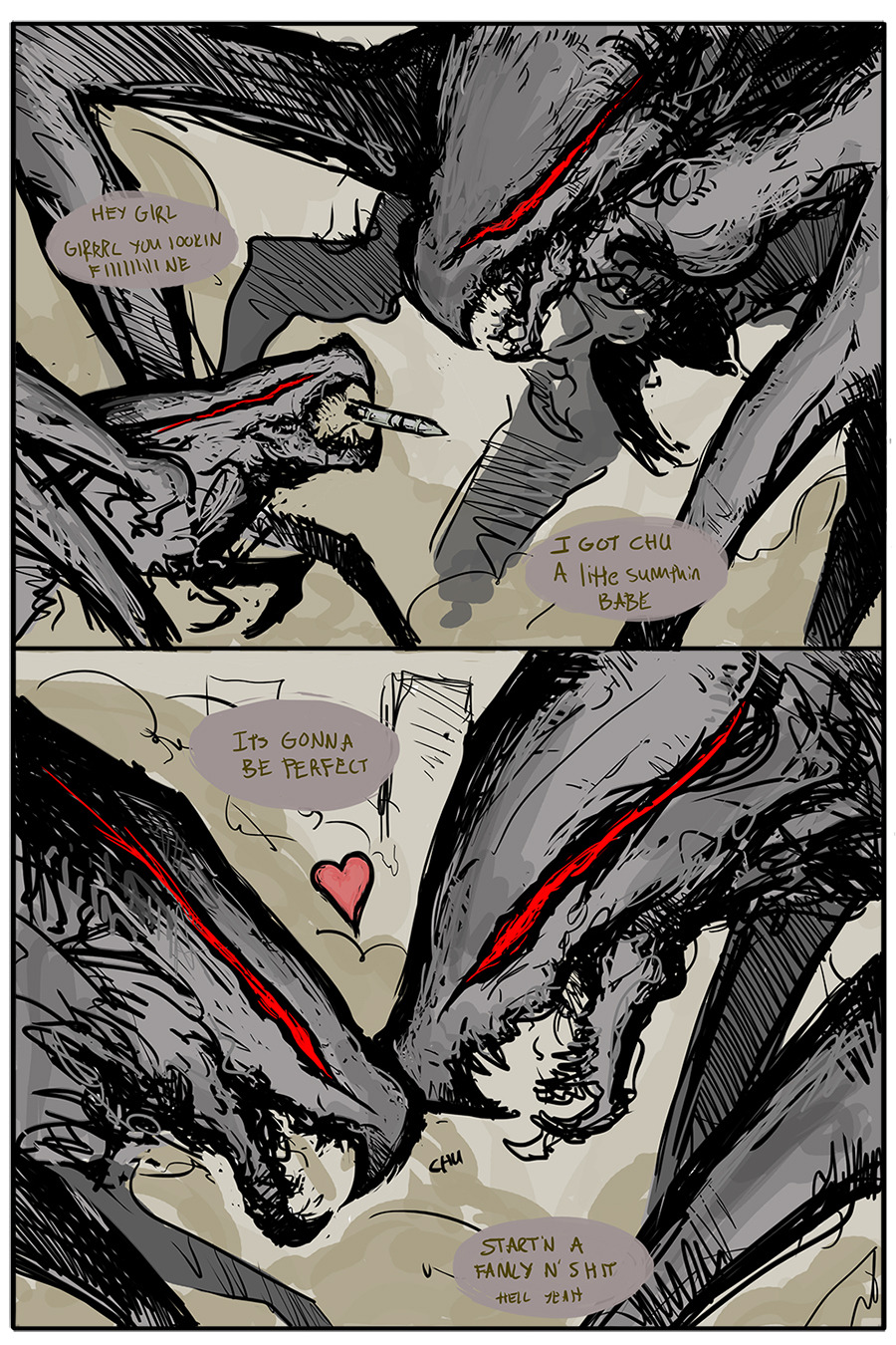 bug city english_text flirting giant giant_monster godzilla_(2014) godzilla_(series) heads_together heart highres kaiju legendary_pictures missile monster monsterverse multiple_legs muto_(godzilla) muto_female muto_male no_humans nuclear_weapon open_mouth red_eyes size_difference smoke spaghettibastard speech_bubble thermonuclear_bomb thermonuclear_weapon toho weapon_of_mass_destruction