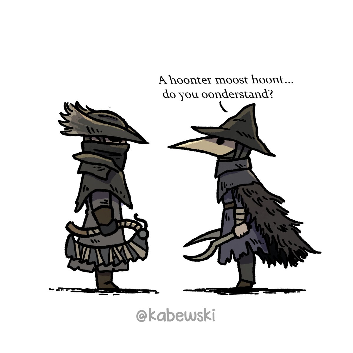 1girl 1other ambiguous_gender black_gloves bloodborne brown_hair brown_hat dual_wielding eileen_the_crow english_text from_side gloves hat highres holding holding_weapon hunter_(bloodborne) kabewski mask mouth_mask plague_doctor_mask saw saw_cleaver short_hair simple_background standing weapon white_background