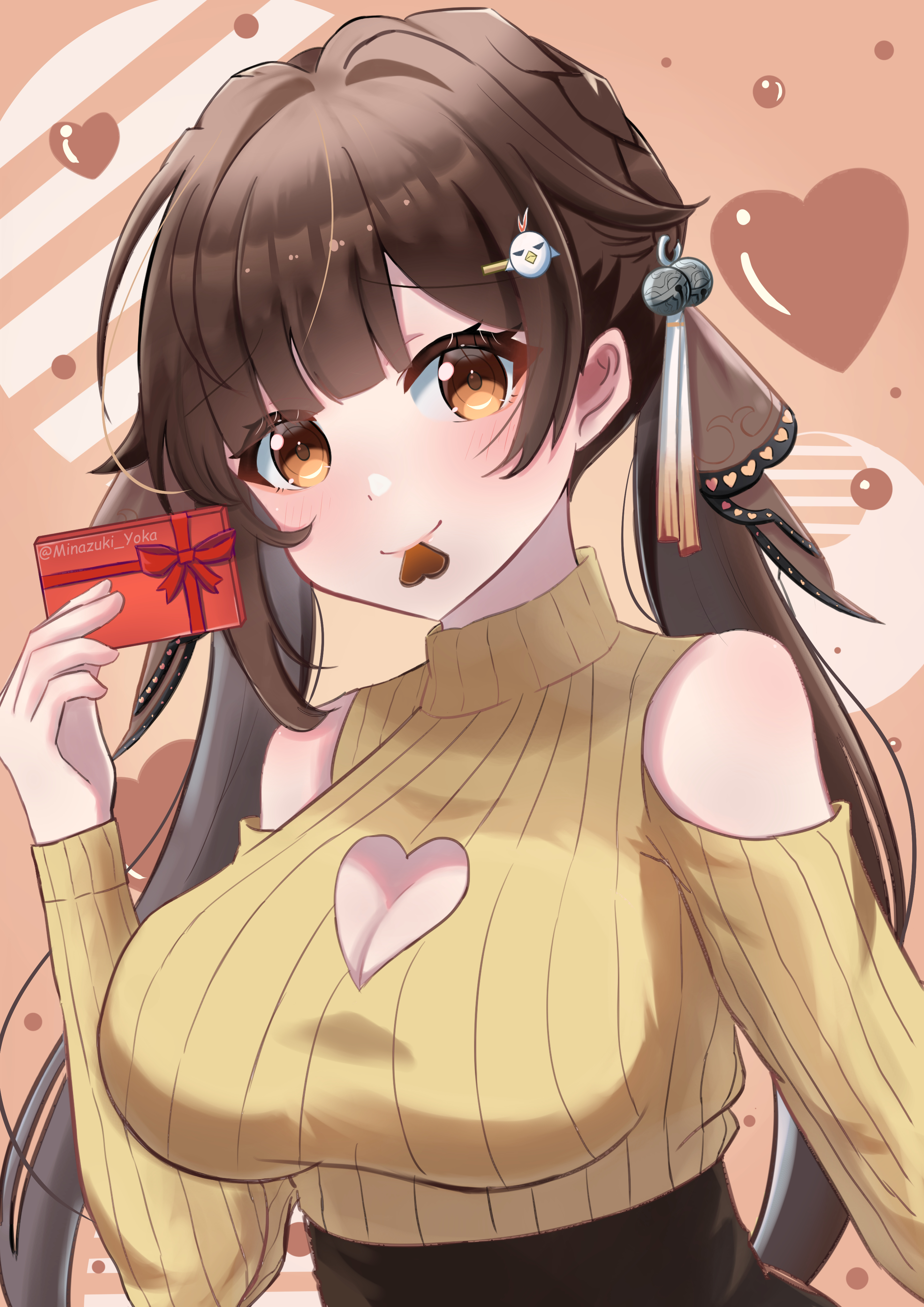 1girl absurdres black_skirt box breasts brown_eyes brown_hair candy chocolate chocolate_heart cleavage_cutout clothing_cutout commentary_request food food_in_mouth gift gundam68 hair_ornament heart heart-shaped_food heart_background heart_cutout highres holding holding_box holding_gift honkai:_star_rail honkai_(series) jingwei_(bird) large_breasts long_hair skirt solo sushang_(honkai:_star_rail) sweater turtleneck turtleneck_sweater upper_body valentine yellow_sweater